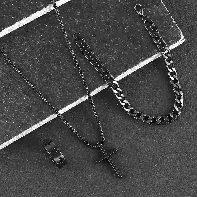 Bestseller New 3Pcs Cross Jewelry Set with chain necklace, ring, and bracelet, unisex faith-inspired accessory set