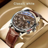 Luxury men business watch with round analog dial, leather strap, alloy case, and quartz movement