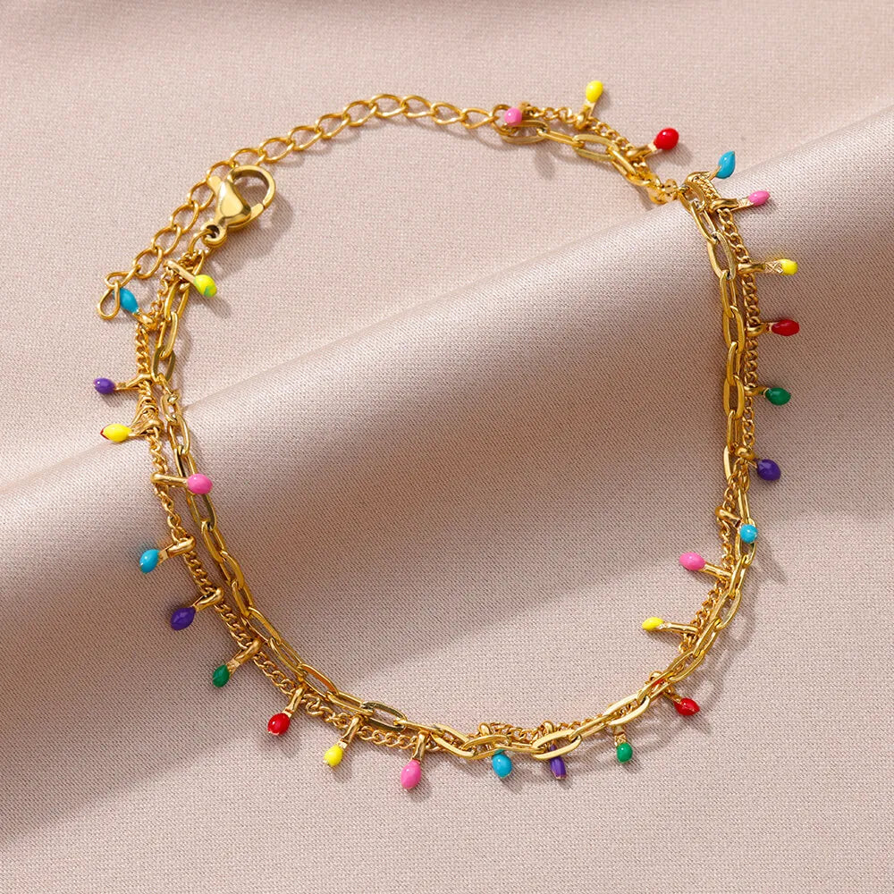 Gold color stainless steel anklet with imitation pearl chain for women, summer beach leg bracelet