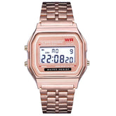 F91W steel band LED digital watch with electronic display, alarm, chronograph, stopwatch, and non-waterproof case