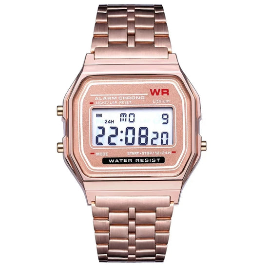 F91W steel band LED digital watch with electronic display, alarm, chronograph, stopwatch, and non-waterproof case
