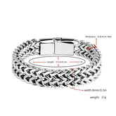 Stainless steel braided double-row bracelet with fish scale alloy magnetic buckle, 21cm long, silver tone