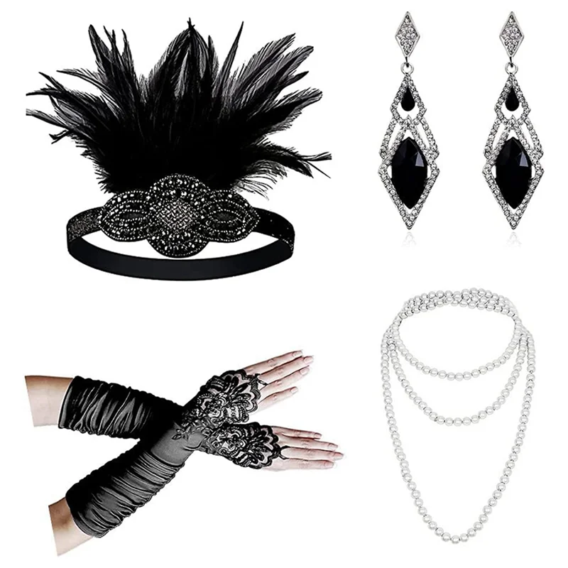 ABQR 1920s flapper accessory set in black with headband, earrings, gloves, and necklace for women