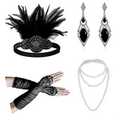 ABQR 1920s flapper accessory set in black with headband, earrings, gloves, and necklace for women