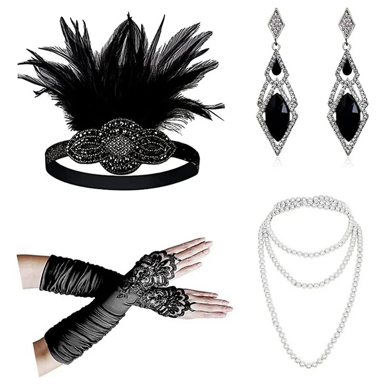 ABQR 1920s flapper accessory set in black with headband, earrings, gloves, and necklace for women