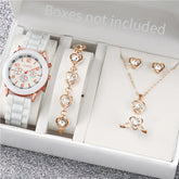 Womens quartz silicone band watch set with 38mm case, bracelet, necklace, and two earrings