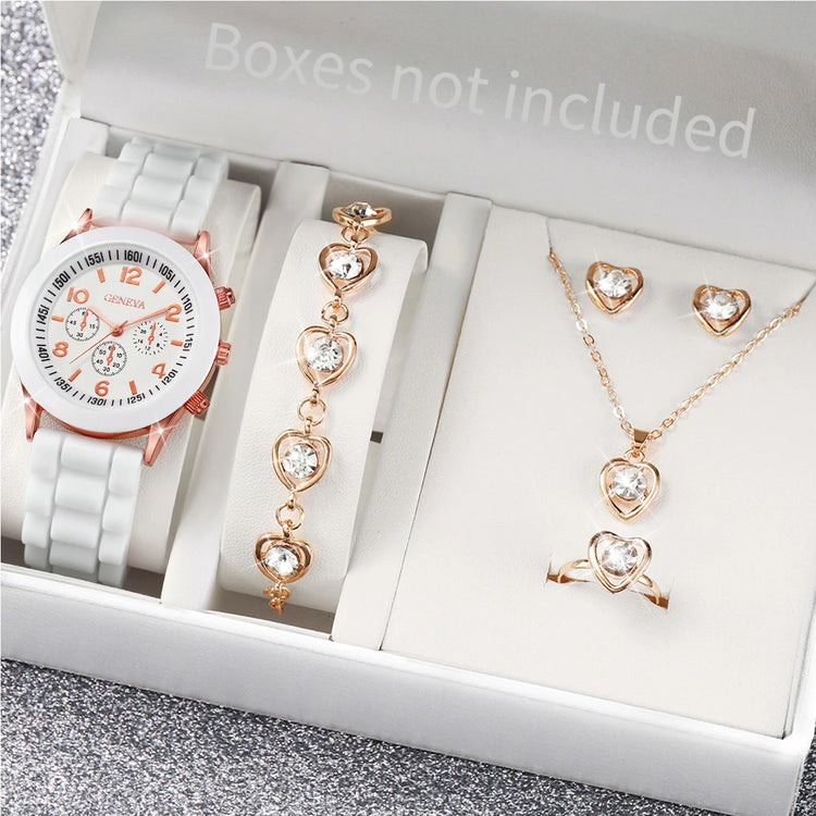 Womens quartz silicone band watch set with 38mm case, bracelet, necklace, and two earrings
