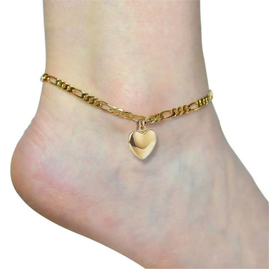 Gold Stainless Steel Figaro Anklet for Women – Heart Pendant Foot Bracelet, Waterproof Beach & Daily Jewelry
