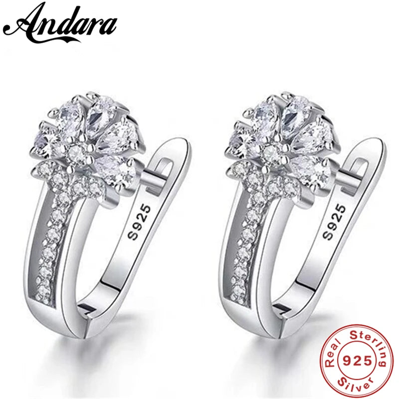 925 sterling silver zircon flower stud earrings for women with clear crystal petals and secure backs