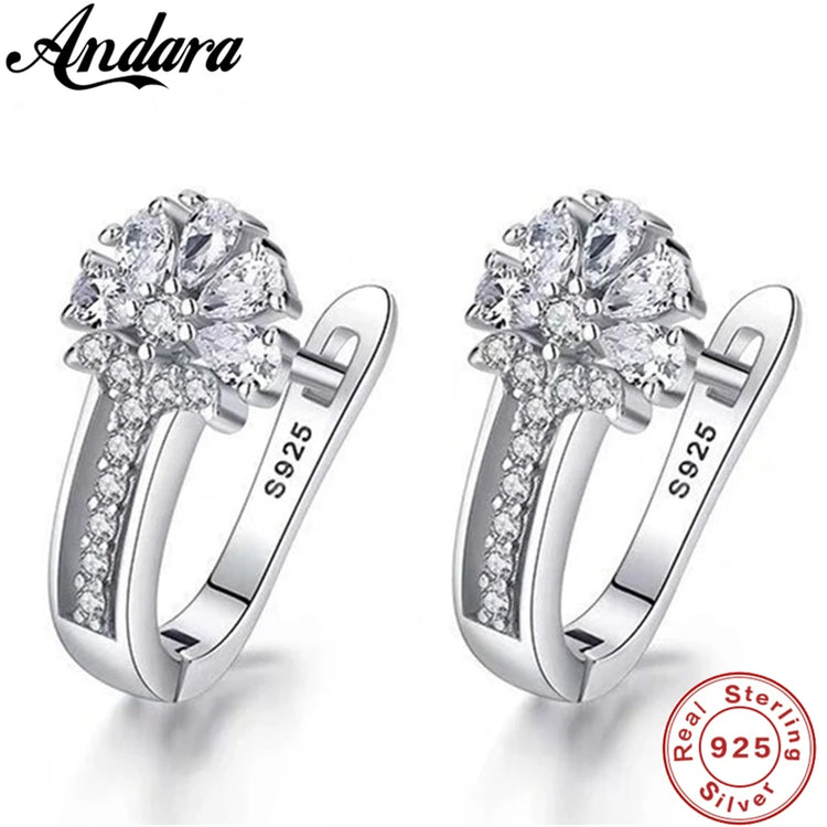 925 sterling silver zircon flower stud earrings for women with clear crystal petals and secure backs