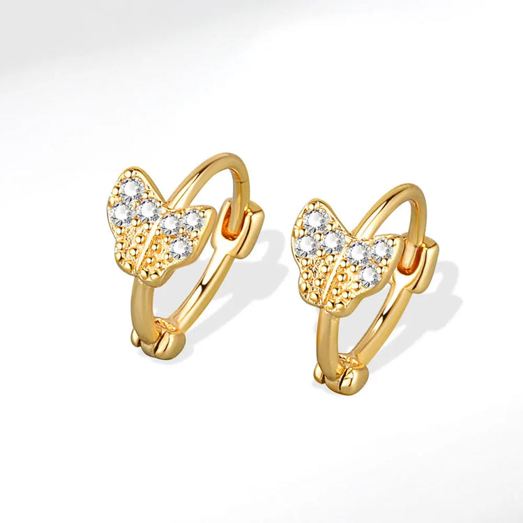 CZ butterfly stud earrings with claw-set stones and 18K gold plated copper alloy finish