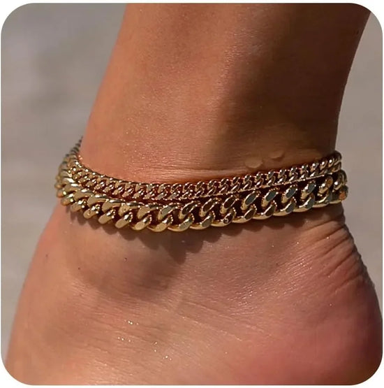 Gold & Silver Anklet Set for Women – Waterproof Minimalist Cuban Link Anklets, K‑Gold Plated Foot Bracelet Gift