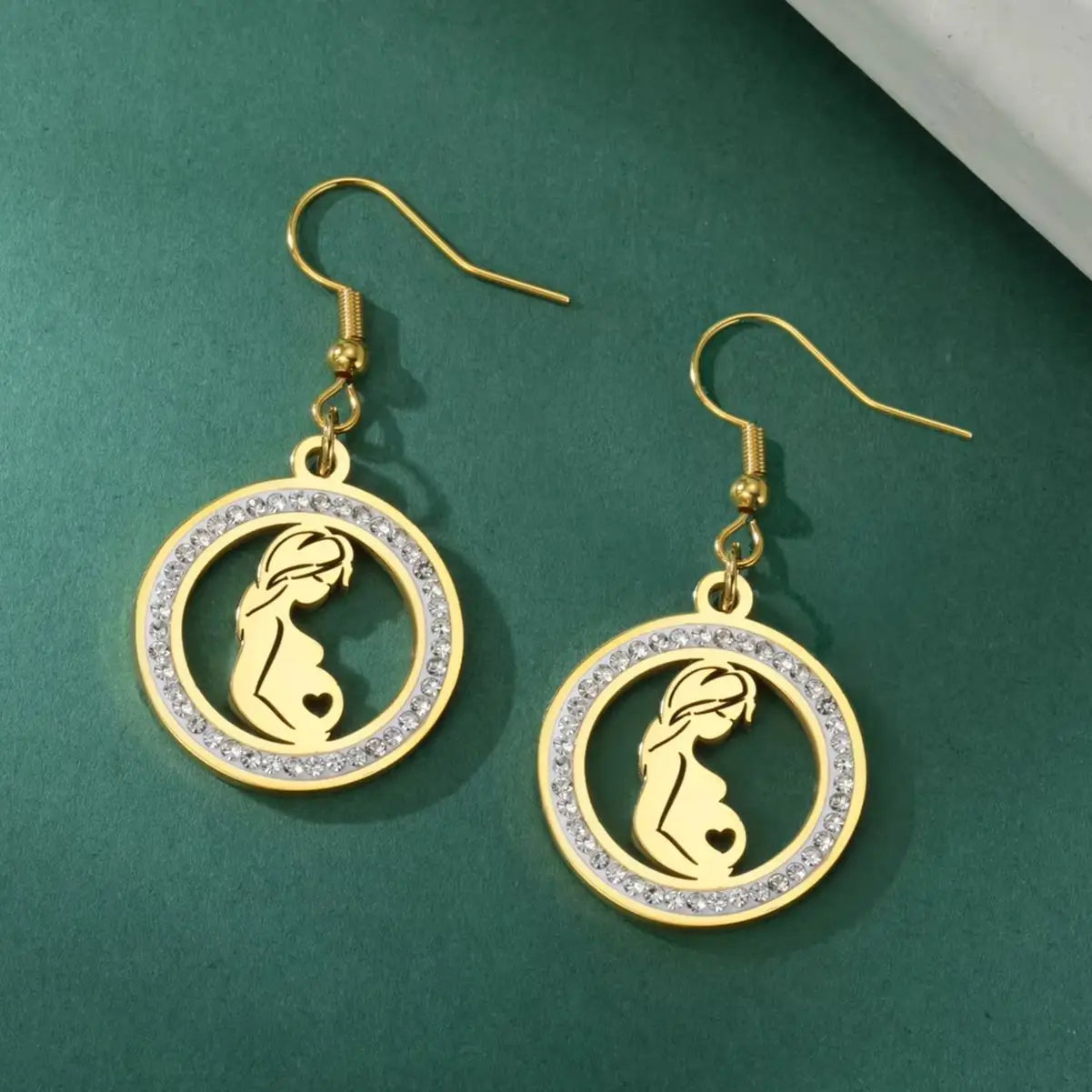 Cazador mom baby round dangle earrings in stainless steel with clear zircon, available in steel or gold color
