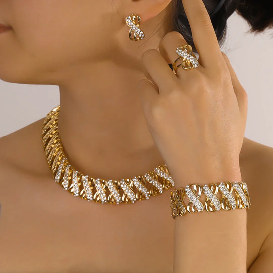 18K gold plated bridal jewelry set with choker necklace, earrings, ring, and bracelet in geometric design