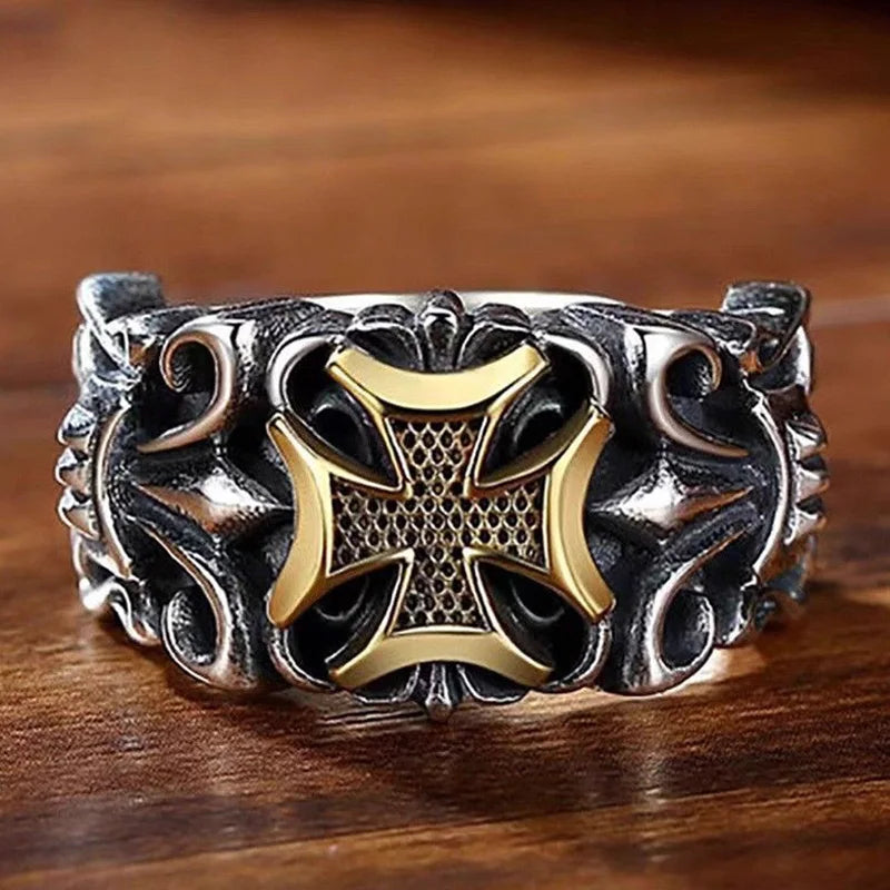 Adjustable gothic cross ring for men in zinc alloy with large retro punk cross design