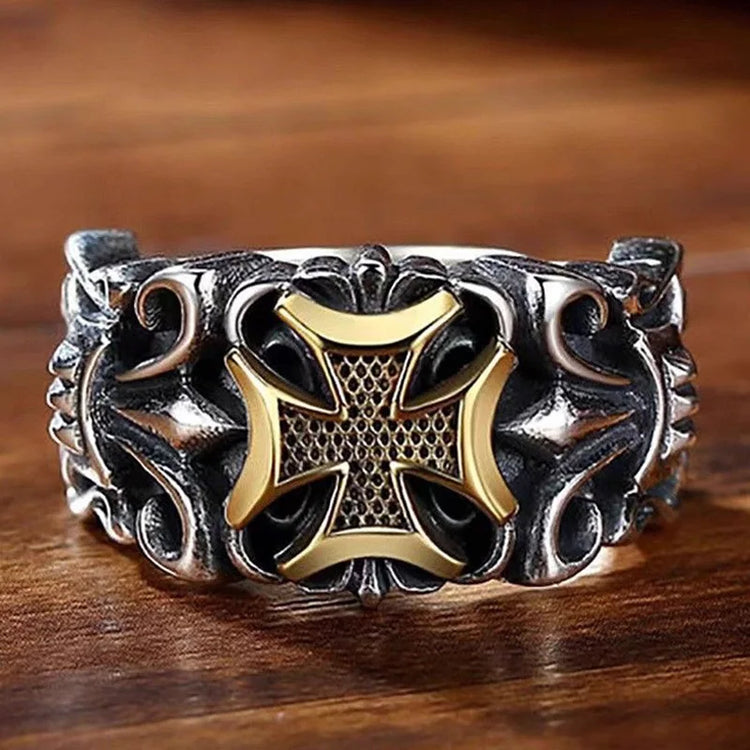 Adjustable gothic cross ring for men in zinc alloy with large retro punk cross design