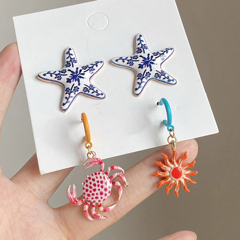 Colorful crab and sunflower dangle earrings for women in zinc alloy with playful beach vacation style