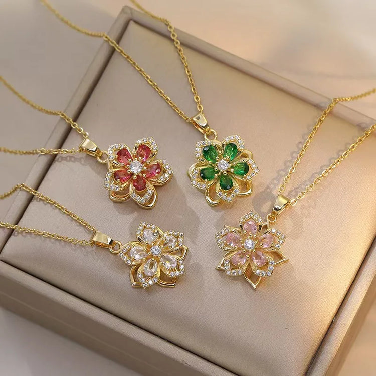 Luxury gold-plated flower choker necklace with rotatable pendant and sparkling zircon petals for women