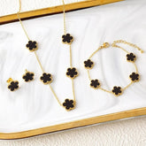 18K gold-plated clover jewelry set with stainless steel necklace, earrings, and bracelet for women