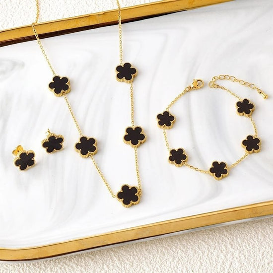 18K gold-plated clover jewelry set with stainless steel necklace, earrings, and bracelet for women