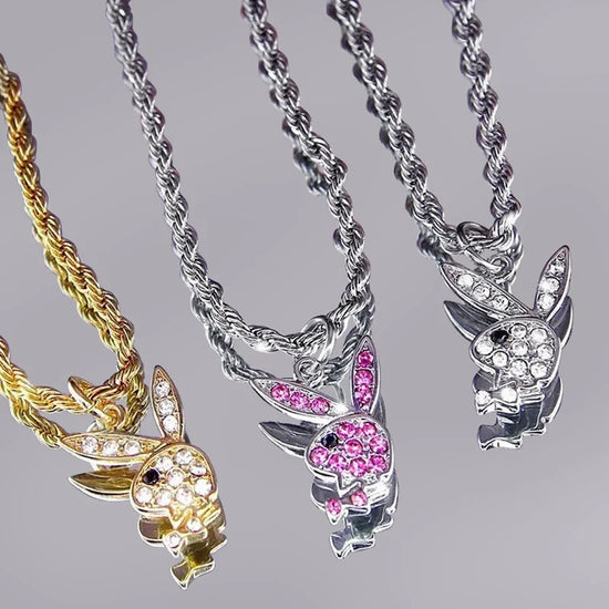 Fashion Necklace Pink Cubic Zirconia Rabbit Charms Rock Style Little White Rabbit Twisted Singapore Chain Jewelry for Girls Gift