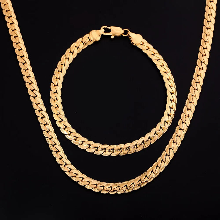 6mm chain necklace and bracelet set in silver tone with 18k gold color finish, geometric unisex party jewelry