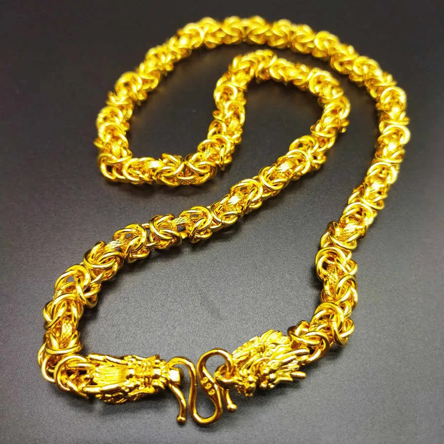 Unisex 24K AU999 real gold hollow boss chain necklace, 10MM wide, 60CM long, polished keel faucet design