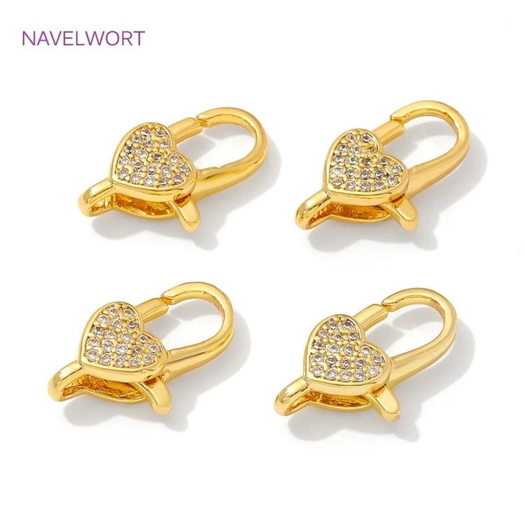 18K gold plated zircon heart lobster clasps in brass for bracelet connectors and DIY jewelry making
