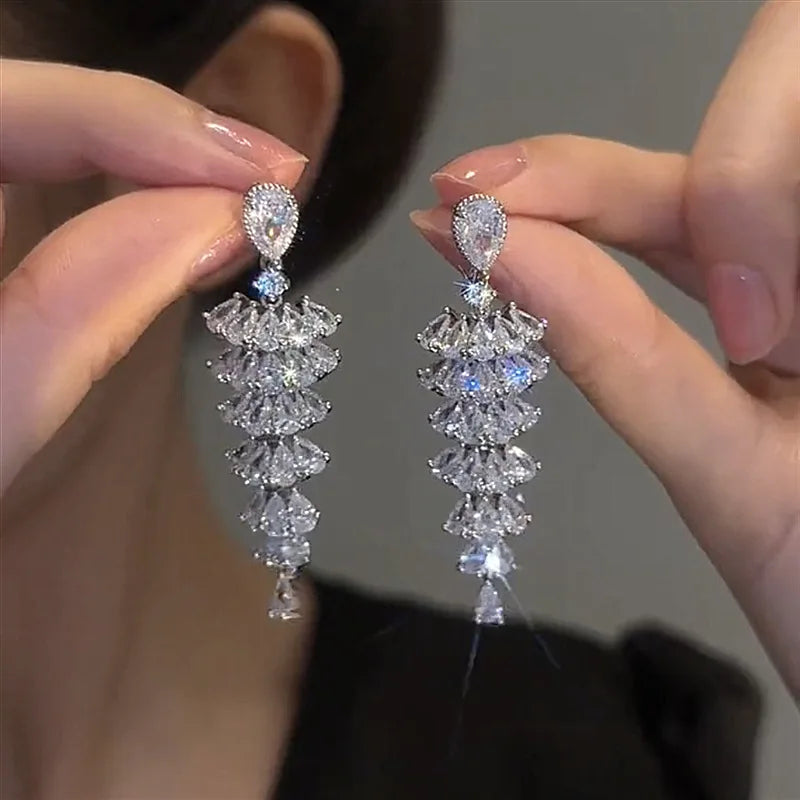 Geometric drop earrings with cubic zirconia style crystals in zinc alloy for weddings and party wear