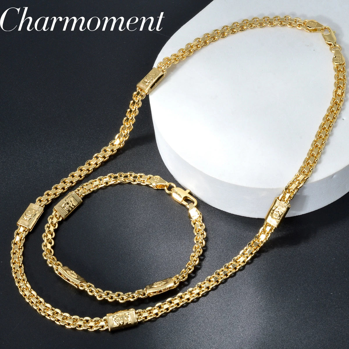 24K gold plated copper jewelry set with long necklace and matching bracelet in round Dubai-style design