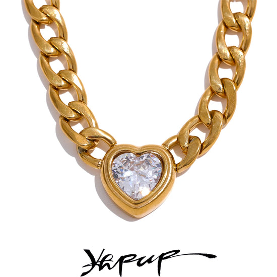 Stainless Steel Heart Chain Link Necklace – 18K PVD Gold Plated Waterproof Zirconia Pendant, Unisex Fashion Jewelry