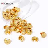 5mm 14K gold-plated frosted crimp bead covers with open crimp end design for hiding knots and wire ends