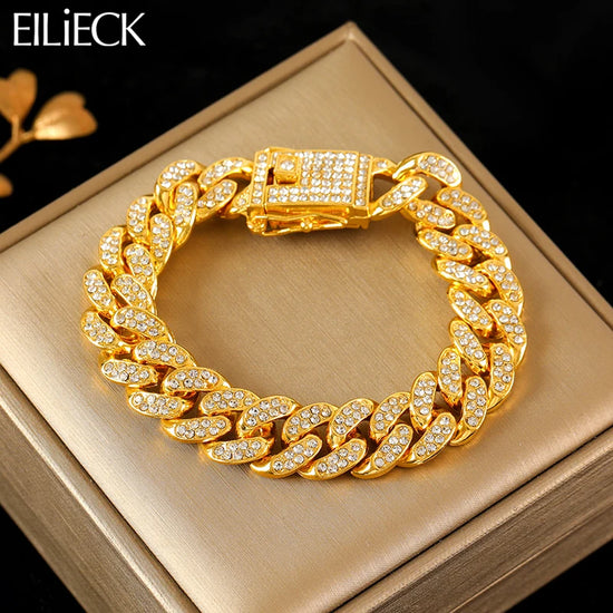 EILIECK 316L Stainless Steel Cuban Chain Bracelet – Gold‑Color Waterproof Wrist Chain for Women & Men, Trendy Punk Fashion Jewelry, Party Gif