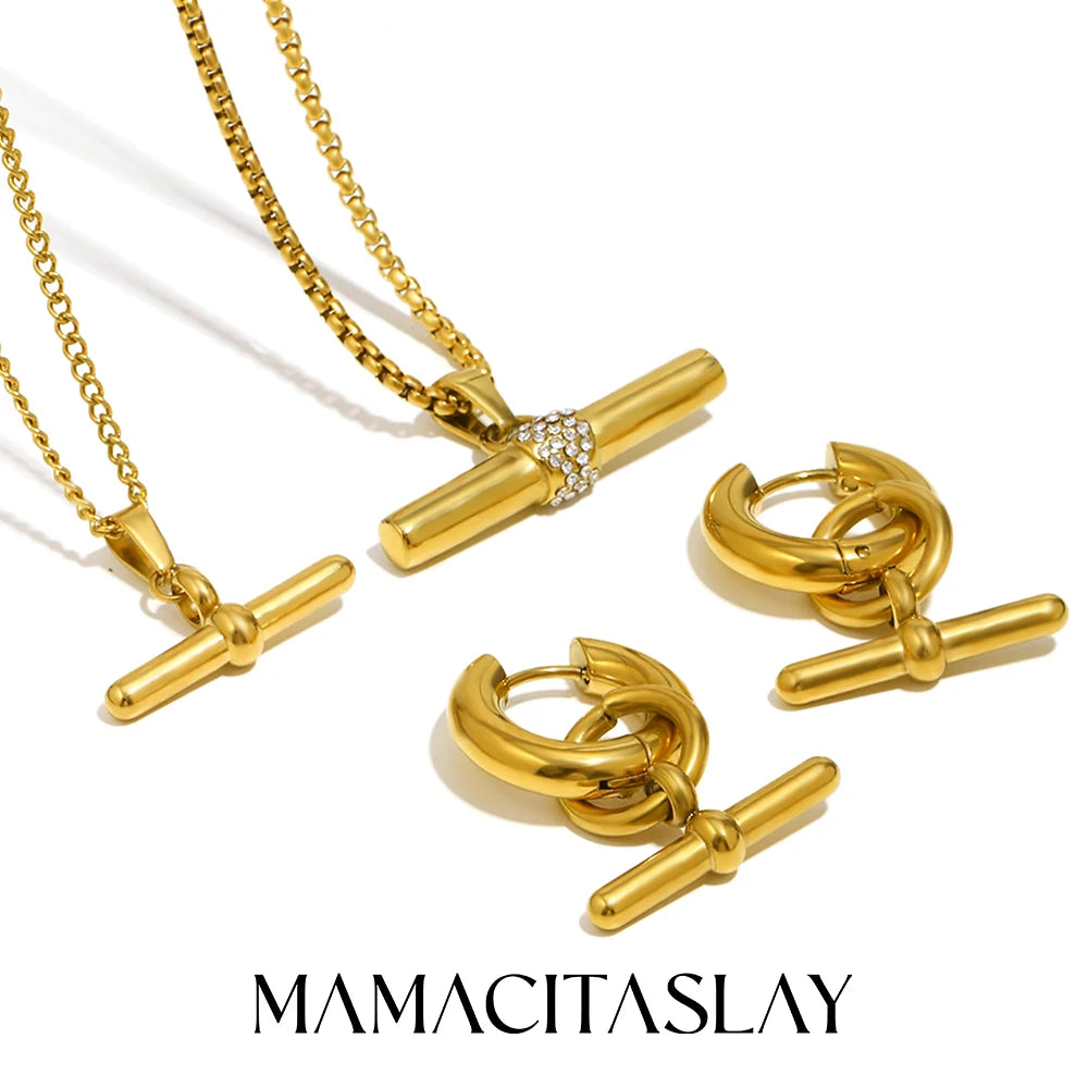 MamacitaSlay 316L stainless steel T-bar pendant necklace and earrings with 18K gold plating and cubic zirconia
