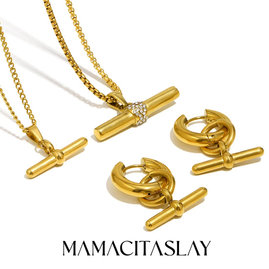 MamacitaSlay 316L stainless steel T-bar pendant necklace and earrings with 18K gold plating and cubic zirconia