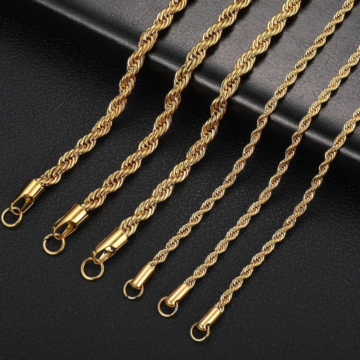 Gold color twisted rope chain choker in stainless steel, waterproof unisex necklace with 2-6 mm width options