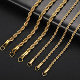 Gold color twisted rope chain choker in stainless steel, waterproof unisex necklace with 2-6 mm width options