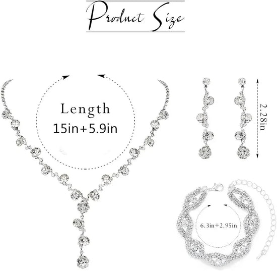Women’s Rhinestone Jewelry Set – Silver Necklace, Bracelet & Earrings for Party, Prom, Wedding, Elegant Fashion Jewelry for Women