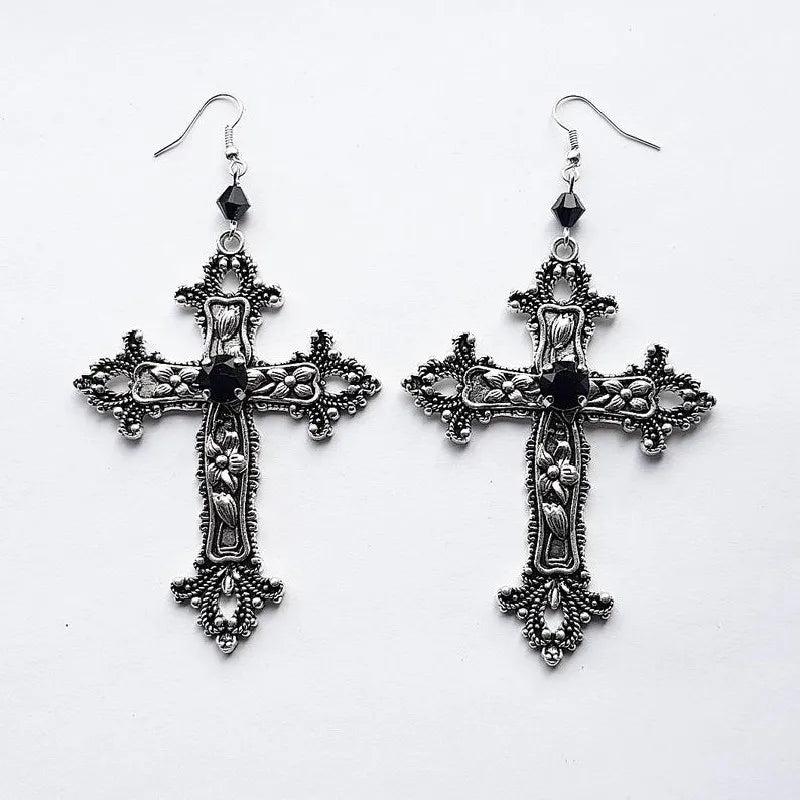 Gothic black cross earrings with detailed silver-tone finish and black drill jewel center, large statement style