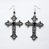 Gothic black cross earrings with detailed silver-tone finish and black drill jewel center, large statement style