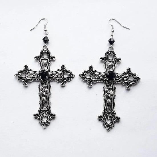 Gothic black cross earrings with detailed silver-tone finish and black drill jewel center, large statement style