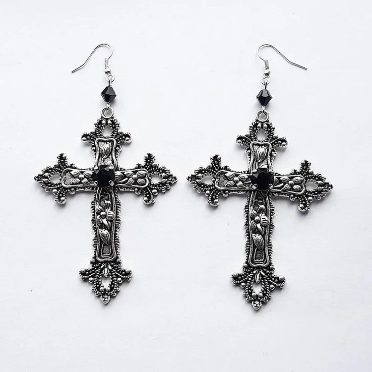 Gothic black cross earrings with detailed silver-tone finish and black drill jewel center, large statement style