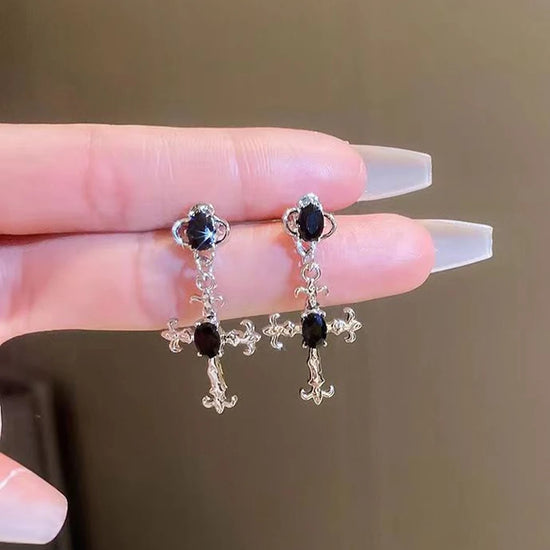 Yupsk black crystal stone cross drop earrings for women, punk gothic statement Halloween jewelry
