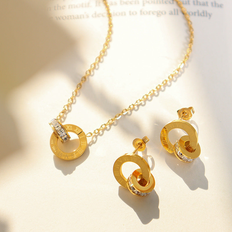 Niche light-luxury titanium steel pendant necklace and earrings set with line design in steel, gold, or rose finish