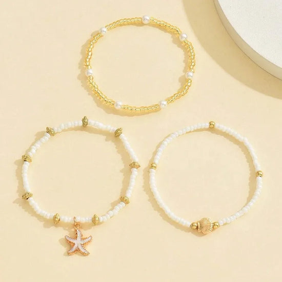 3-layer starfish shell anklet set with millet beads, beachy bohemian foot jewelry for summer wear