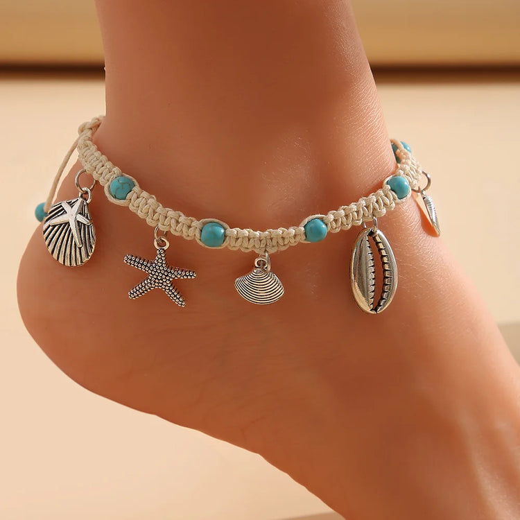 Handcrafted shell starfish beach anklet with tortoise-inspired accents and chain design for women
