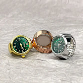 Vintage quartz ring watch with alloy shell, analog dial, and elastic finger band for unisex wear