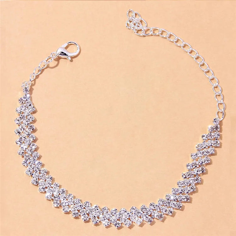 Shining cubic zirconia silver-tone chain anklet with adjustable ankle bracelet design for barefoot sandals foot jewelry